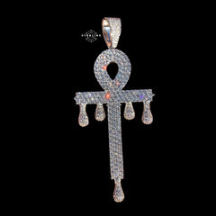 Large 14K White Gold Plated Iced Out Ankh Pendant | CZ Diamond Drip Ankh Cross Necklace | Hip Hop Jewelry + Free 22" Rope Chain