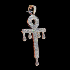 Large 14K White Gold Plated Iced Out Ankh Pendant | CZ Diamond Drip Ankh Cross Necklace | Hip Hop Jewelry + Free 22" Rope Chain