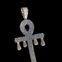Large 14K White Gold Plated Iced Out Ankh Pendant | CZ Diamond Drip Ankh Cross Necklace | Hip Hop Jewelry + Free 22" Rope Chain