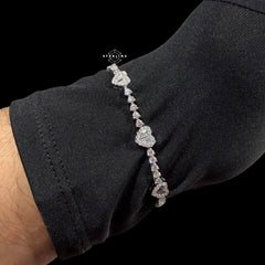 Moissanite Heart Tennis Bracelet, 925 Sterling Silver Baguette Heart Halo Bracelet