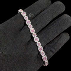 Moissanite Tennis Bracelet 925 Sterling Silver, Pink CZ Halo Moissanite Bracelet, 7 Inch Pink Stone