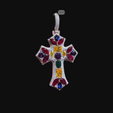 Moissanite Cross Pendant 925 Sterling Silver, Multicolor CZ Gemstone Accent Religious Pendant, Rhodium Plated Iced Out Cross with Free Chain
