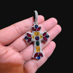 Moissanite Cross Pendant 925 Sterling Silver, Multicolor CZ Gemstone Accent Religious Pendant, Rhodium Plated Iced Out Cross with Free Chain