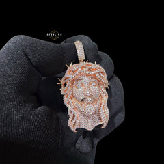 14K Rose Gold Plated Iced cOut CZ Diamond Jesus Pendant | Bustdown Crown of Thorns Jesus Piece | Hip Hop Necklace