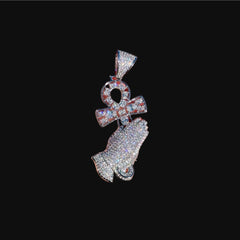 Iced Out Praying Hands Ankh Pendant, 14K White Gold Plated CZ Diamond Religious Hip Hop Necklace with Rope Chain