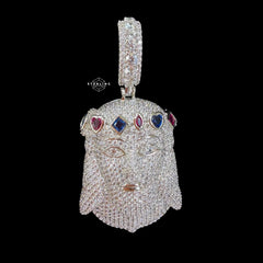 Silver Iced Out Jesus Pendant, Colorful Crown CZ Diamond Jesus Face Necklace