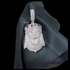 Silver Iced Out Jesus Pendant, Colorful Crown CZ Diamond Jesus Face Necklace