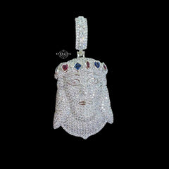 Silver Iced Out Jesus Pendant, Colorful Crown CZ Diamond Jesus Face Necklace