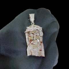 14K White Gold Plated Silver Iced Out Jesus Pendant, CZ Diamond Jesus Face Necklace for Men