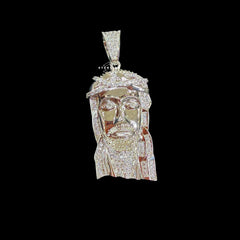 14K White Gold Plated Silver Iced Out Jesus Pendant, CZ Diamond Jesus Face Necklace for Men