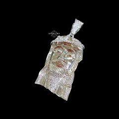 14K White Gold Plated Silver Iced Out Jesus Pendant, CZ Diamond Jesus Face Necklace for Men