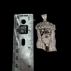 Iced Out Jesus Pendant, 14K White Gold Plated CZ Diamond Crown of Thorns Pendant