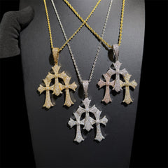 Triple Heart Cross Pendant 14k Gold Plated CZ