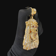 XL 14K Gold Plated Iced Out Jesus Pendant | CZ Diamond Jesus Piece Necklace | Hip Hop Bust Down