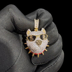 14K Gold Iced Out Bulldog Pendant | CZ Diamond Hip Hop Dog Necklace | Dollar Sign Sunglasses Bling Charm