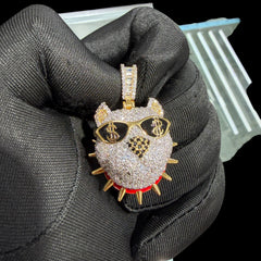 14K Gold Iced Out Bulldog Pendant | CZ Diamond Hip Hop Dog Necklace | Dollar Sign Sunglasses Bling Charm