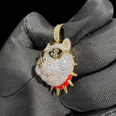 14K Gold Iced Out Bulldog Pendant | CZ Diamond Hip Hop Dog Necklace | Dollar Sign Sunglasses Bling Charm