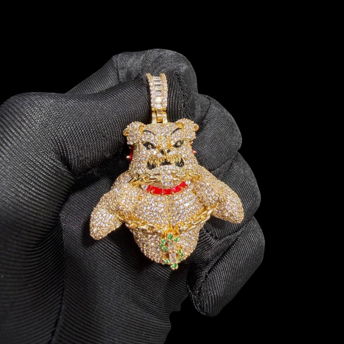 14K Gold Iced Out Bulldog Pendant | CZ Diamond Hip Hop Dog Necklace | Red Collar Bling Charm