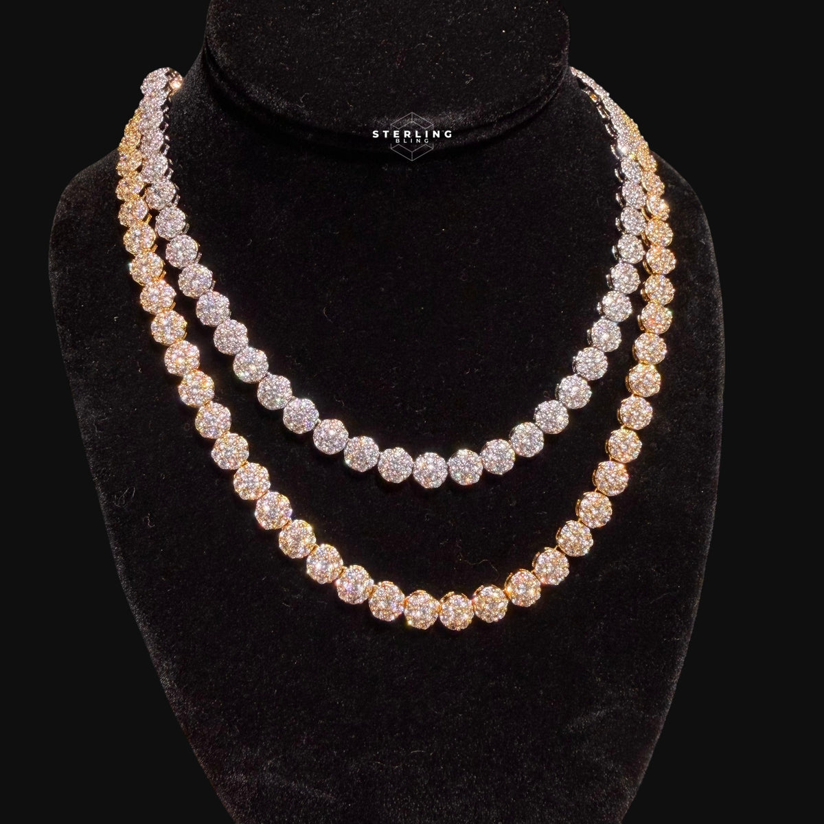 7mm Flower Cluster Tennis Necklace 14k Gold Plated CZ
