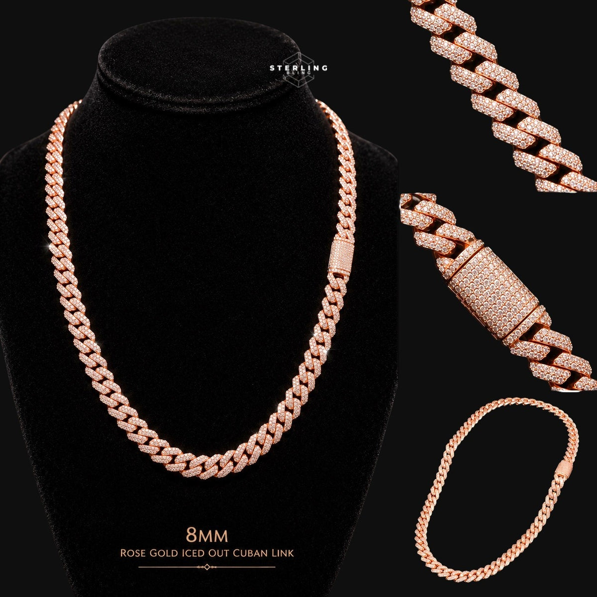 Moissanite Rose Gold Prong Cuban Chain 8mm 20"