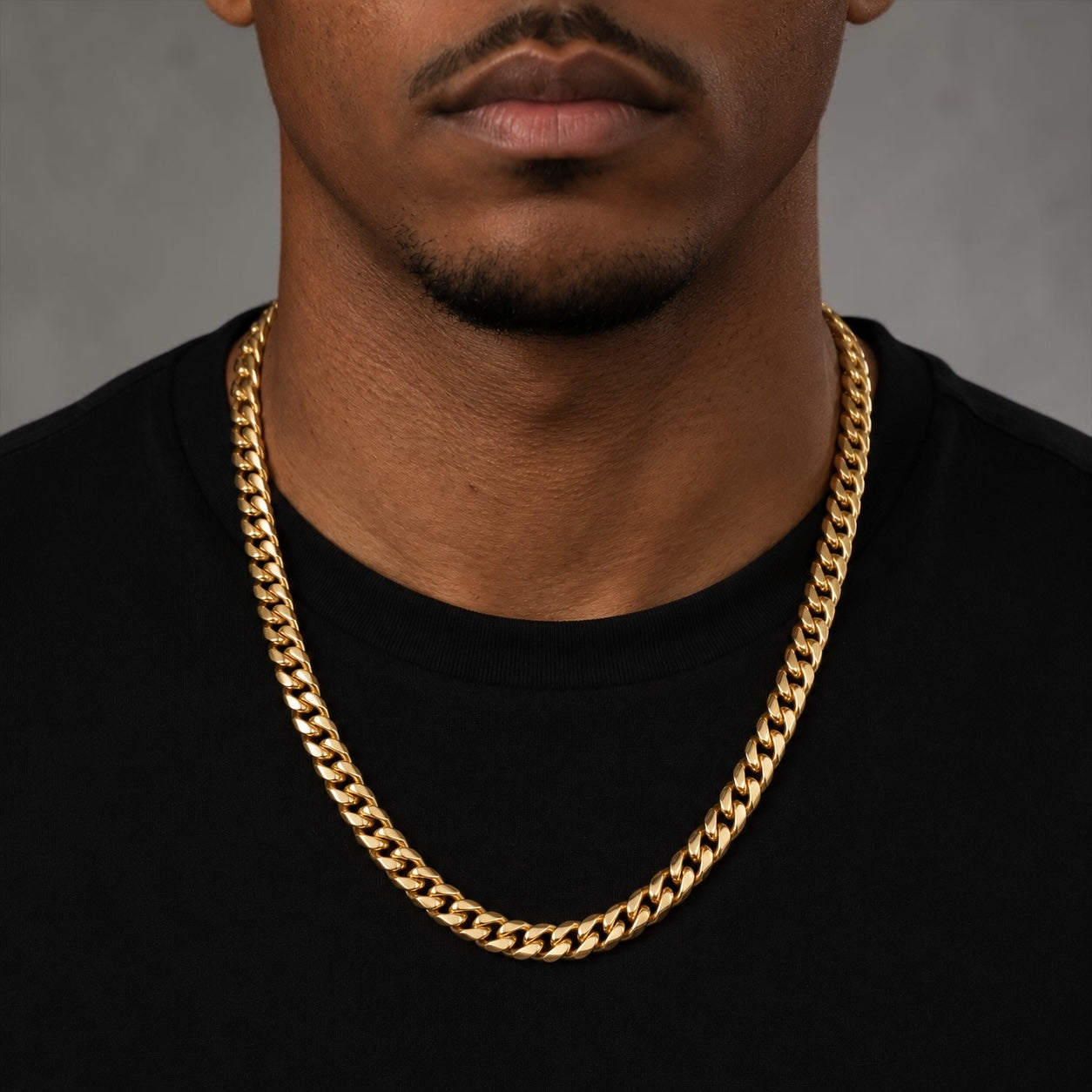 Model wearing 8mm gold miami Cuban chain necklace 