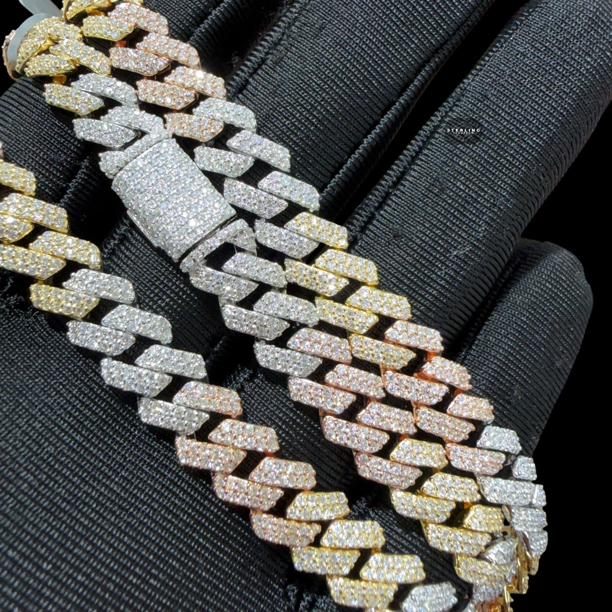 Moissanite Prong Cuban Tri Color Chain 8mm 22"