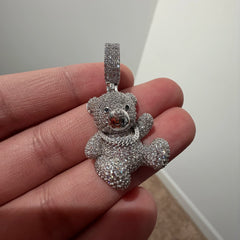 Iced Out Teddy Bear Pendant, Solid 925 Sterling Silver VVS CZ Diamond Necklace, Hip Hop Jewelry, 22 Inch Rope Chain