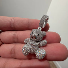 Iced Out Teddy Bear Pendant, Solid 925 Sterling Silver VVS CZ Diamond Necklace, Hip Hop Jewelry, 22 Inch Rope Chain
