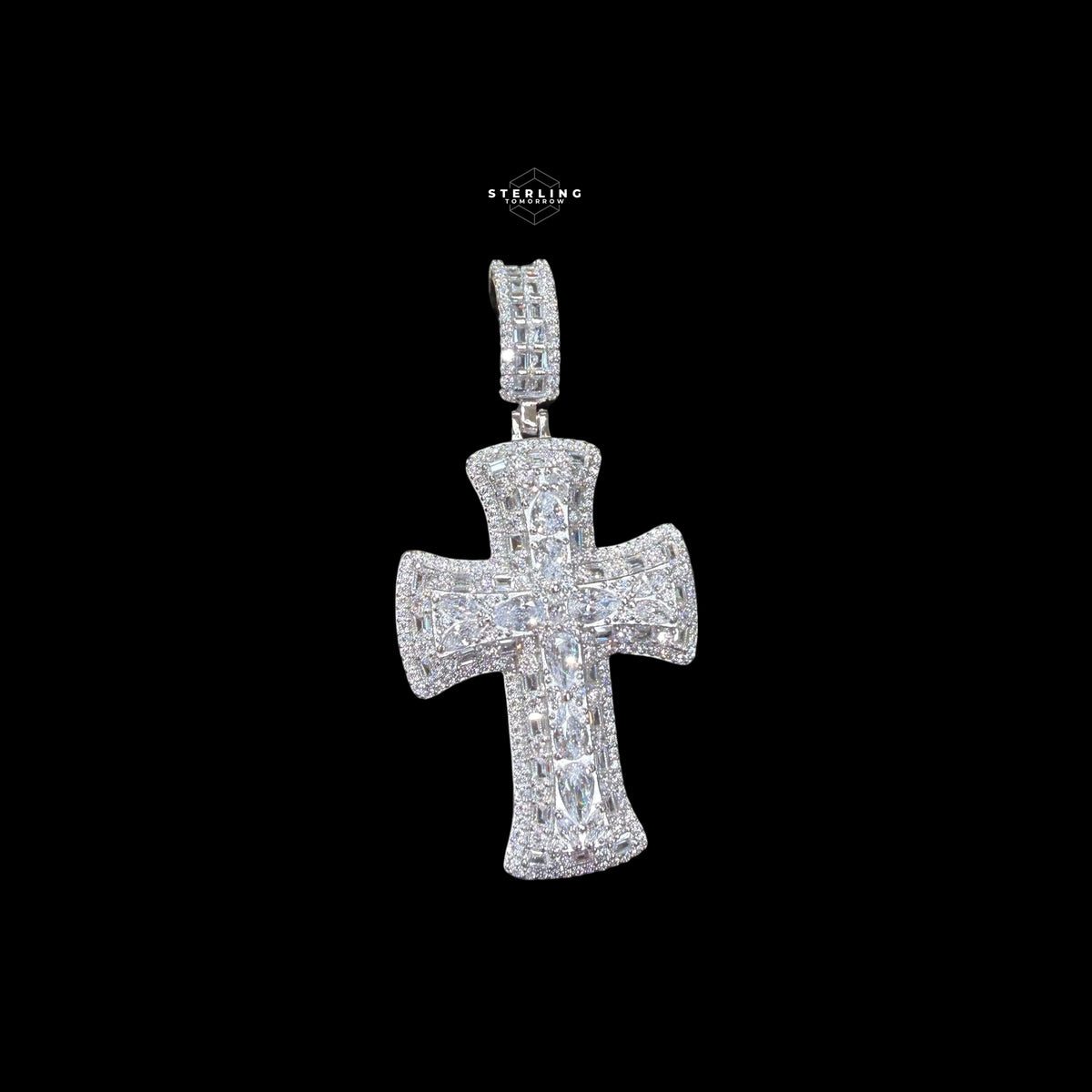 Iced Out Cross Pendant, Solid 925 Sterling Silver VVS Simulated CZ Diamond Necklace, Hip Hop Jewelry, 22 Inch Rope Chain