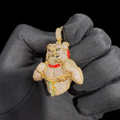 14K Gold Iced Out Bulldog Pendant | CZ Diamond Hip Hop Dog Necklace | Red Collar Bling Charm