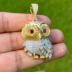 Owl Gold Tone Iced Out with Red Gem Eyes