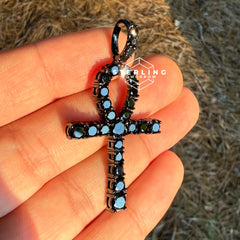 14K Black Plated Iced Out Ankh Necklace | Hip Hop Jewelry | Bling Crystal Ankh Pendant w/ Rope Chain | Streetwear Egyptian Cross