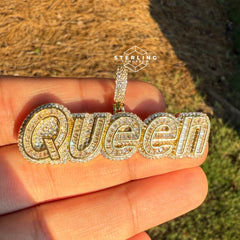 Gold Iced Out Queen Pendant, 14K Gold Plated CZ Diamond Baguette Letter Necklace, Hip Hop Statement Jewelry for Women
