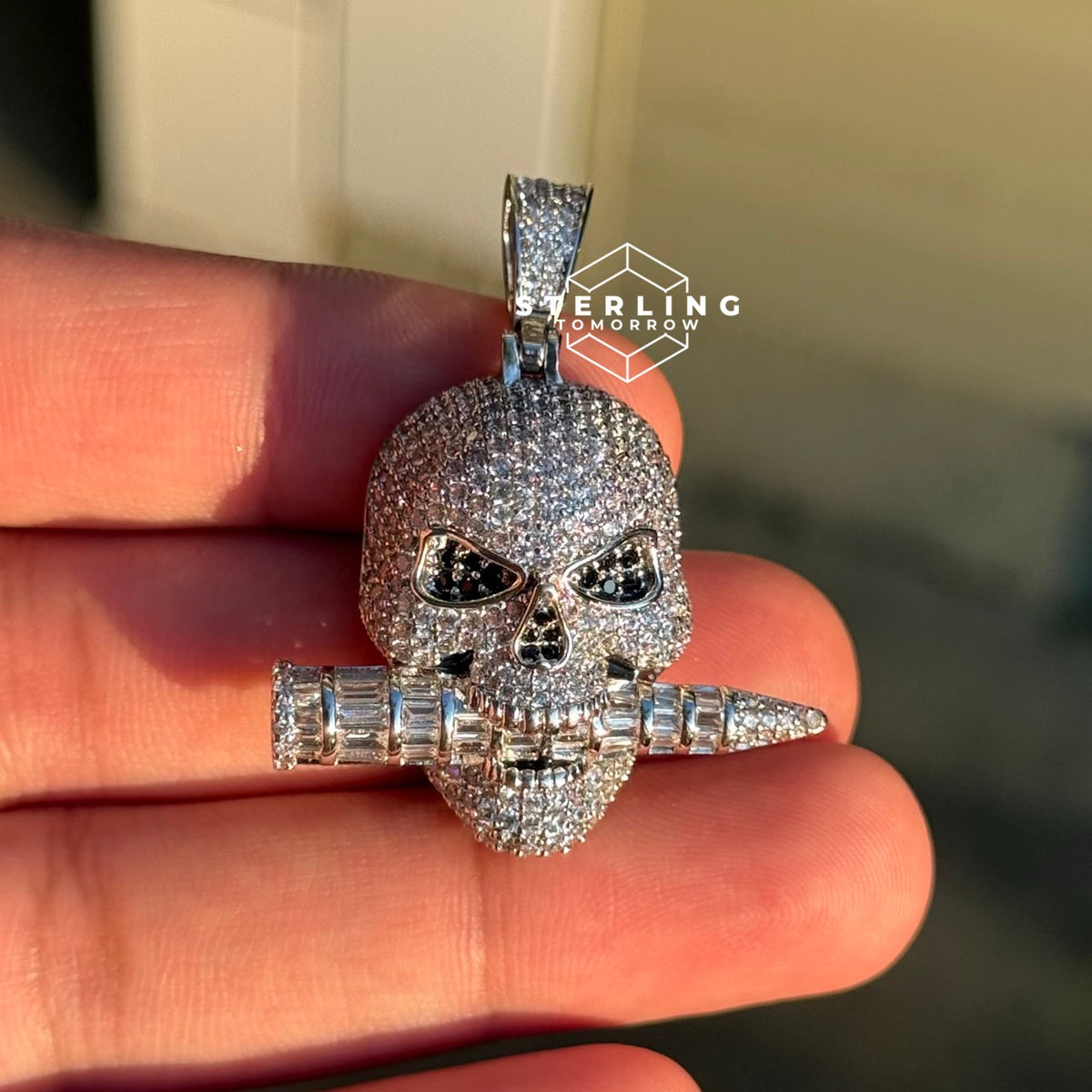 Iced Skull Pendant Bullet Design 14K White Gold Plated CZ Diamond Hip Hop Chain Skull Bling Necklace Mens Streetwear Jewelry Rope Chain