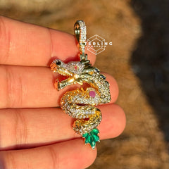 Double-Sided 14K Gold Tone Dragon Pendant Iced Out