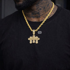 Triple Cross Baguette Iced Pendant 14K Gold Finish