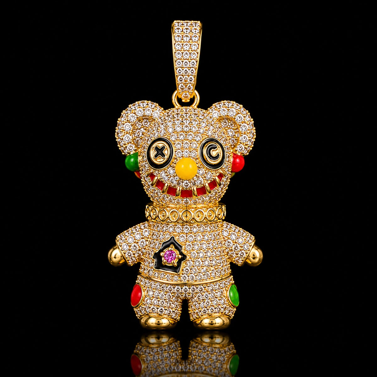 14K Gold Iced Out Voodoo Bear Pendant | CZ Diamond Hip Hop Necklace | Stitched Doll Bling Charm with Free 22–24" Chain