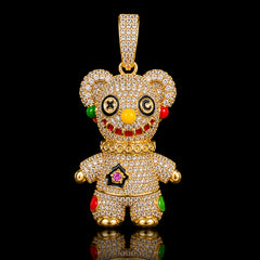 14K Gold Iced Out Voodoo Bear Pendant | CZ Diamond Hip Hop Necklace | Stitched Doll Bling Charm with Free 22–24" Chain