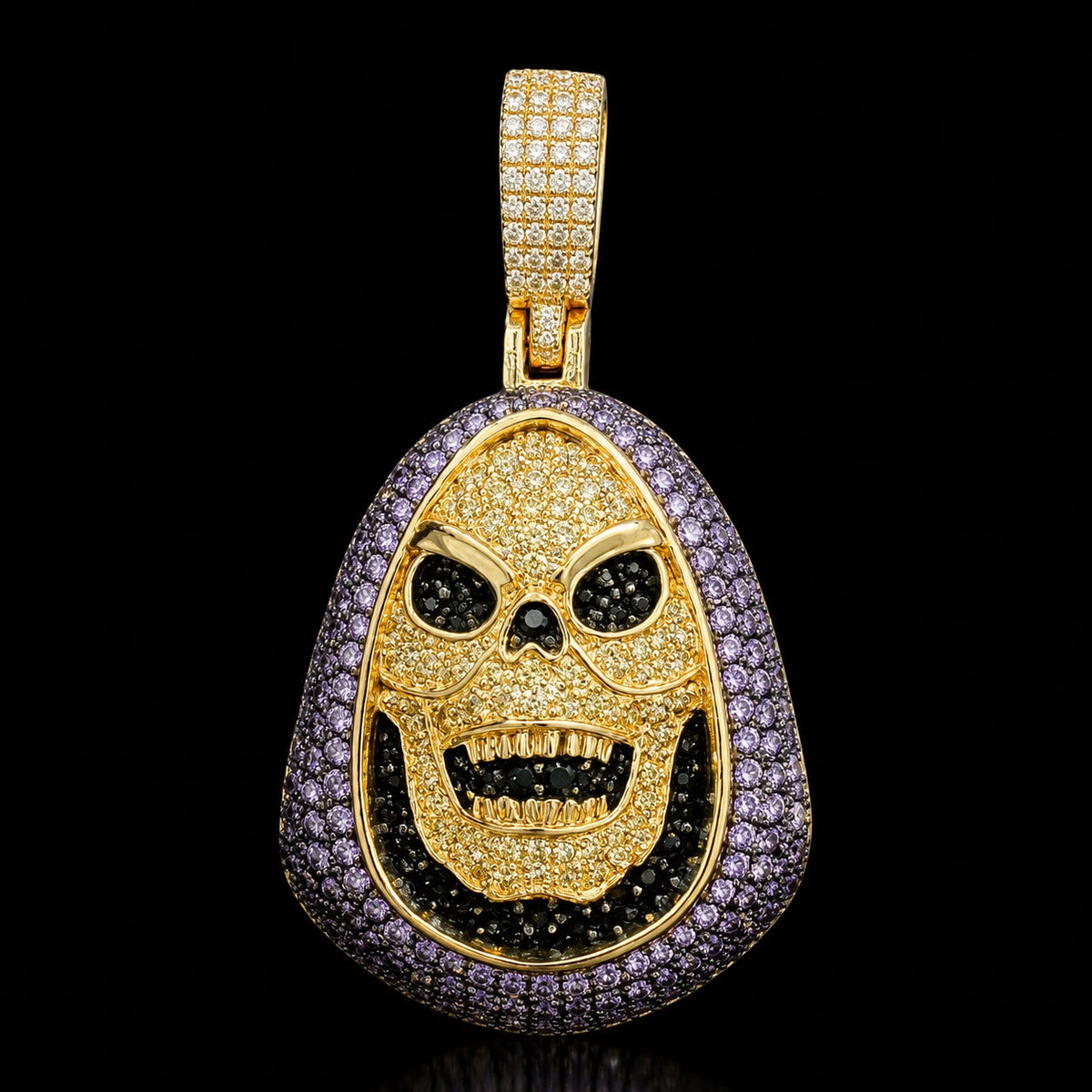 14K Gold Iced Out Skull Pendant | Black & Purple CZ Diamond Hip Hop Necklace