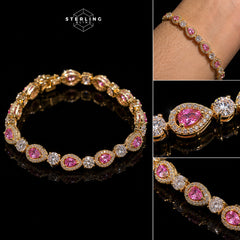 Pink Heart Teardrop Bracelet, 14K Gold Plated CZ Tennis Bracelet, 7mm Iced Out Gift for Her