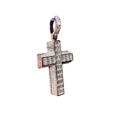 3D Cross 14k White Gold Plated Iced CZ Pendant + Steel Rope Chain