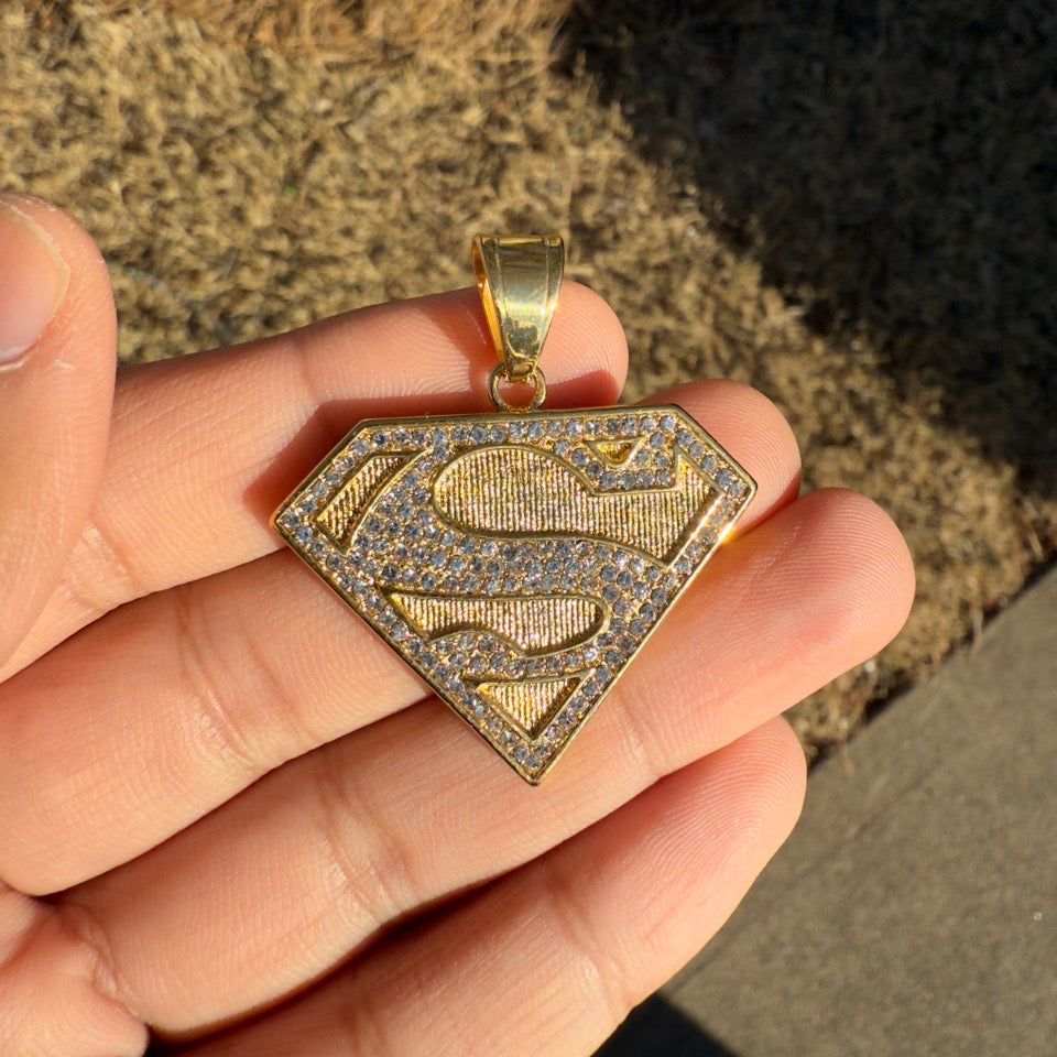 Gold 'S' Superhero Pendant Necklace w/ CZ Waterproof & Durable