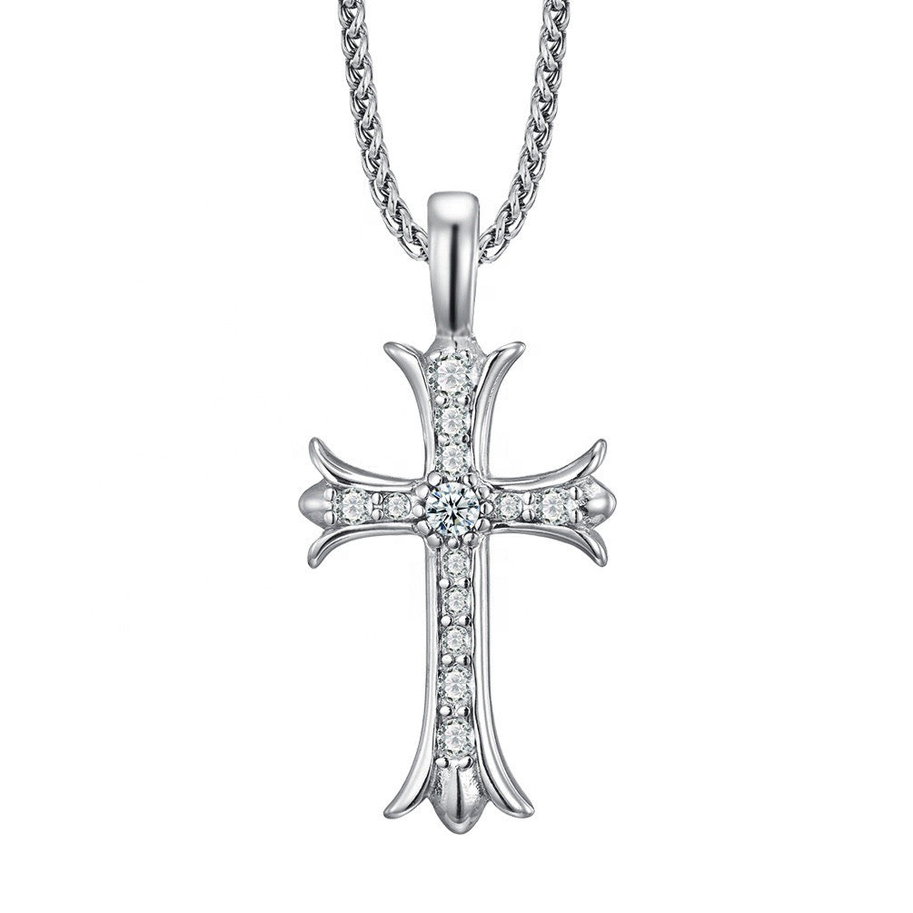 Double Sided Iced Heart Cross Pendant + 24" Steel Franco Chain