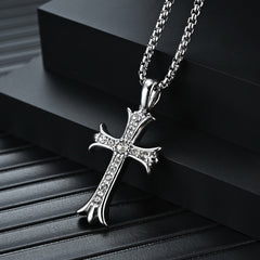 Double Sided Iced Heart Cross Pendant + 24" Steel Franco Chain