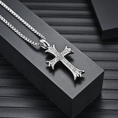 Double Sided Iced Heart Cross Pendant + 24" Steel Franco Chain