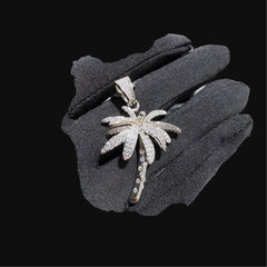 14K White Gold Iced Out Palm Tree Pendant | CZ Diamond Hip Hop Tropical Necklace with Free Rope Chain