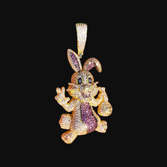 Iced Out Easter Bunny Pendant | Purple CZ Rabbit Hip Hop Necklace | Gold Tone Cartoon Animal Charm with Free Rope Chain