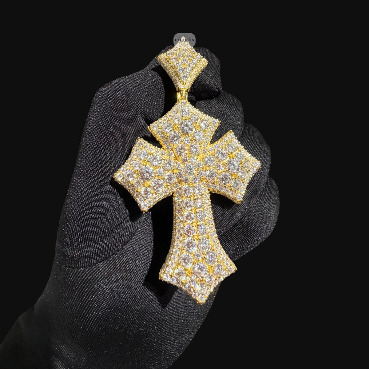 Gold Moissanite Flared Cross Pendant, Iced Out 925 Sterling Silver Hip Hop Necklace Rope Chain