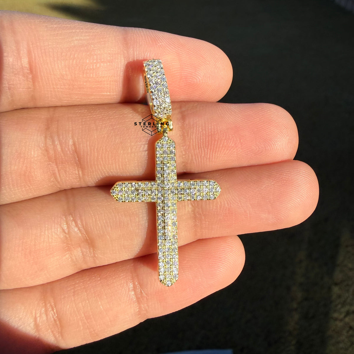 Moissanite Gold Tone Point Cross Pendant