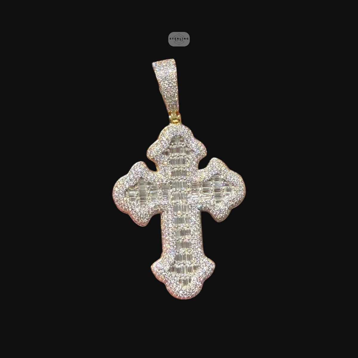 Moissanite Gold Baguette Cross Pendant, 925 Silver Iced Out Hip Hop Necklace, GRA Certified w 24" Chain